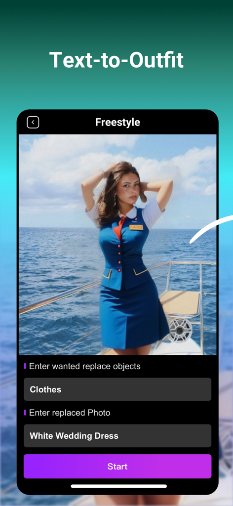 PhotoDeep: AI Photo&Video Edit - Captura de pantalla de la aplicación PhotoDeep que demuestra la función 'Texto a Atuendo con IA' para cambios de vestuario virtuales.