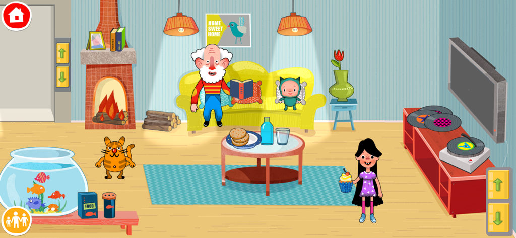 Digital dollhouse living room scene with characters and interactive objects