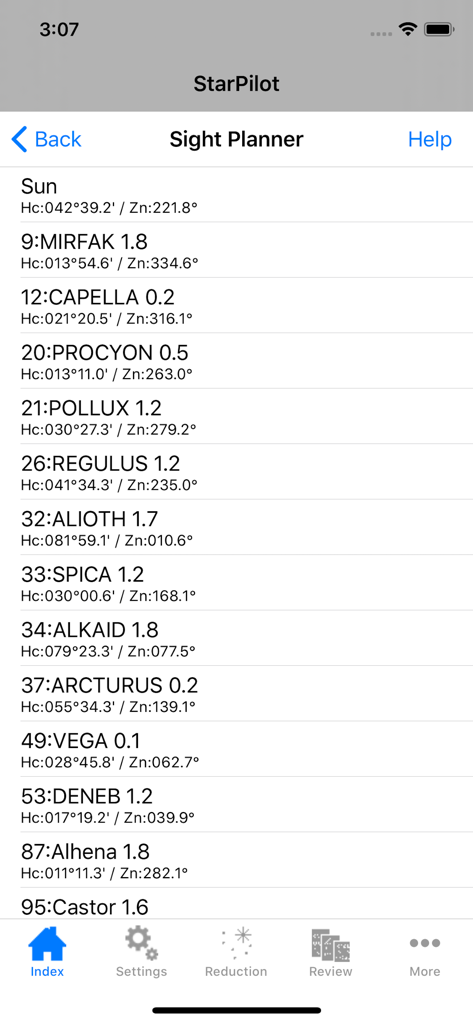 StarPilot - StarPilotアプリの画面、Sight Plannerに天体とその座標のリストを表示