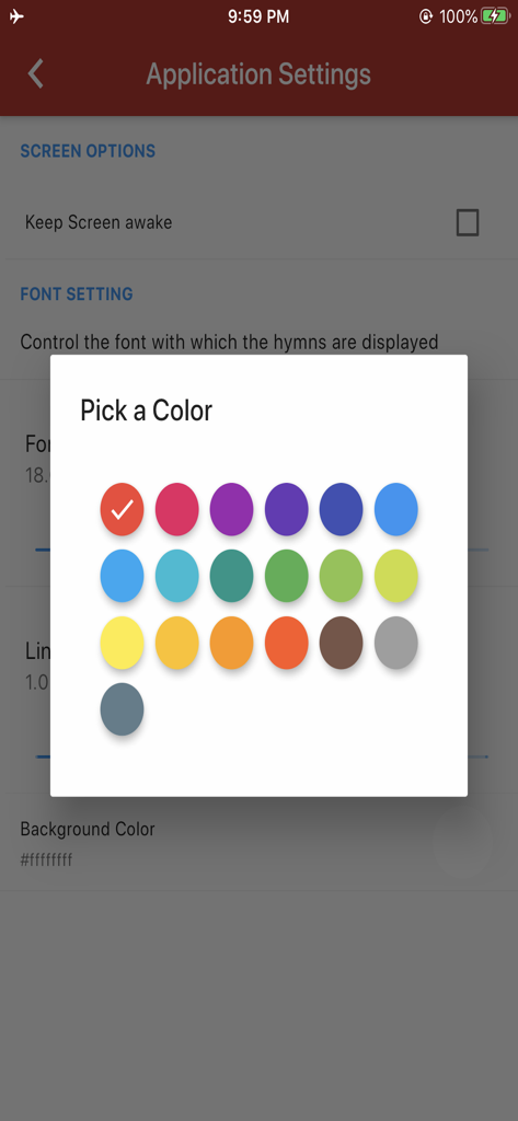 Sacred Songs and Solos - Application settings menu with a color picker dialog for personalizing the hymn display