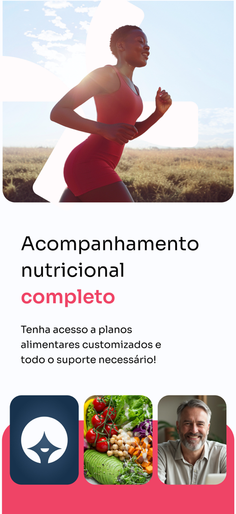 Conexa Saude app screen showing nutritional monitoring services with a woman running and a healthy meal bowl.