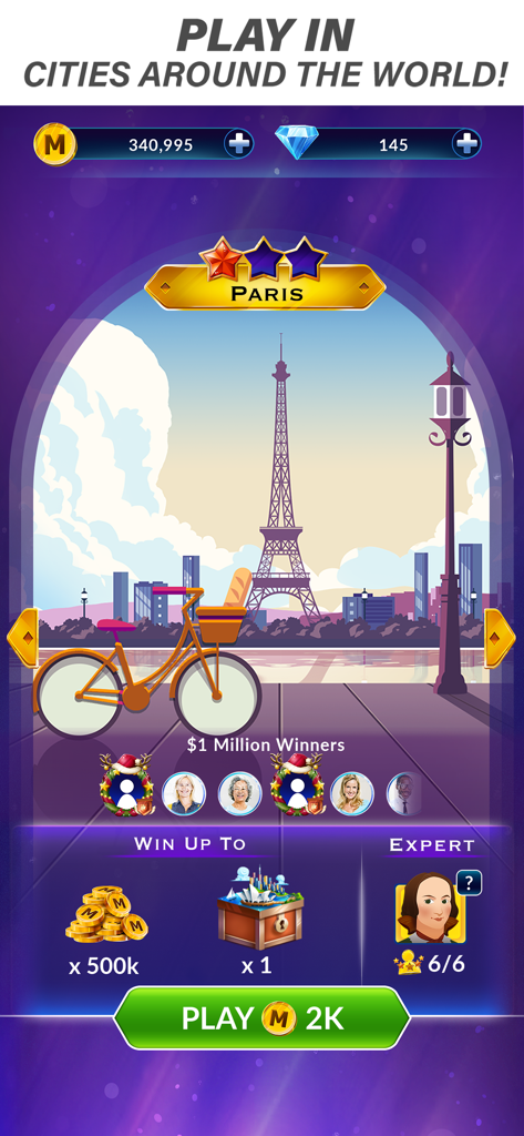 Millionaire Trivia game screenshot showing the Paris city level with rewards and the Eiffel Tower in the background