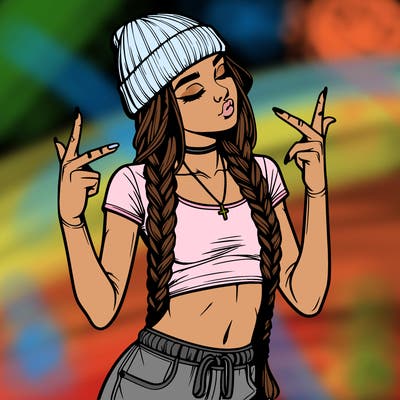 realistic teenage girl with braids and a beanie and crop top doing 🫶🏼