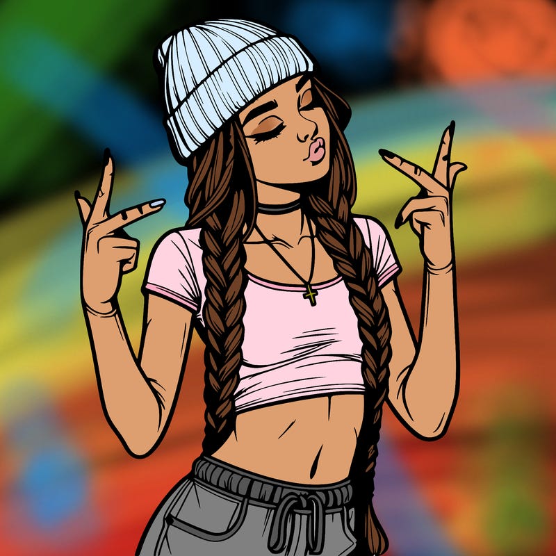 realistic teenage girl with braids and a beanie and crop top doing 🫶🏼