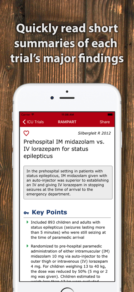 Smartphone screen displaying a summary and key points of a medical trial in the ICU Trials app.