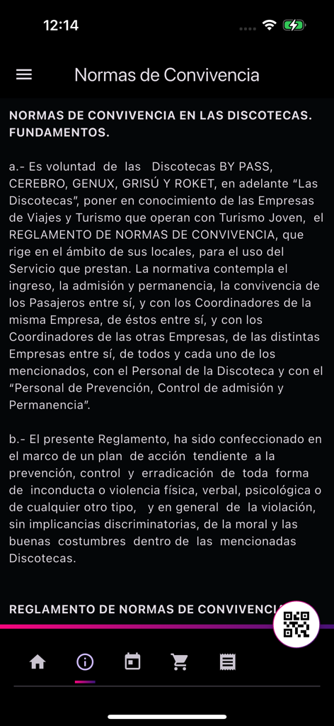 Tela do aplicativo Efesur Passageiros mostrando regras de conduta e segurança da boate