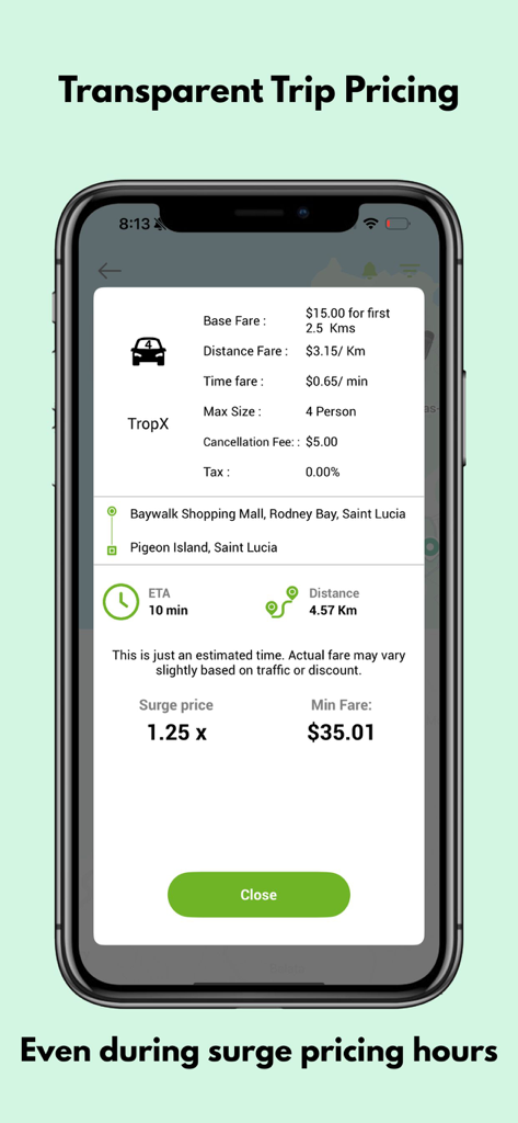 Tropicab - A smartphone showing the Tropicab app interface with a detailed fare breakdown for a ride in Saint Lucia including surge pricing details.