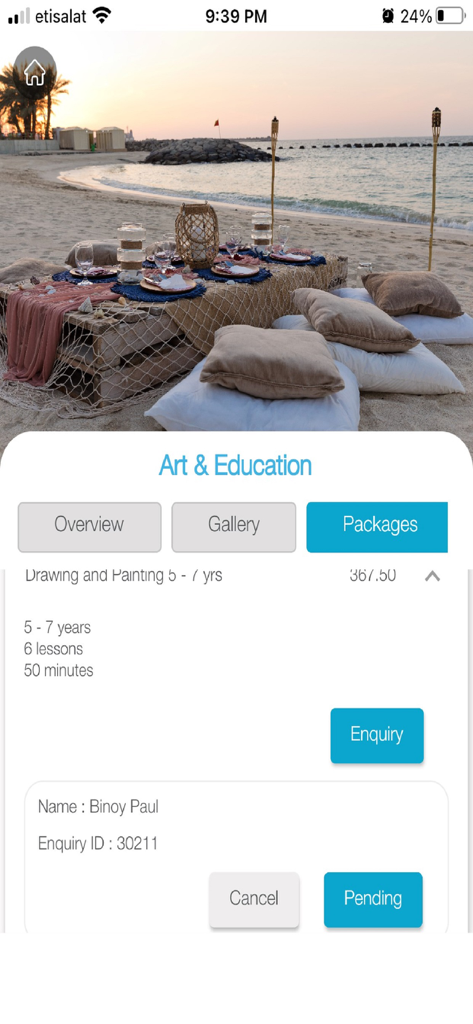 Sharjah Ladies Club - Sharjah Ladies Club mobile app showing children art education packages and enquiry status.