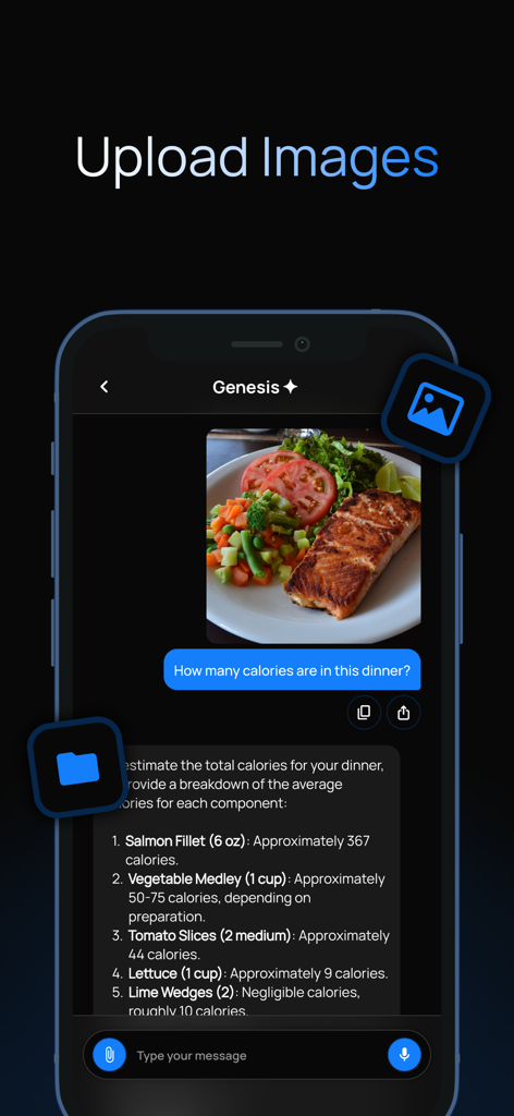 Genesis: Chatbot Assistant AI - Genesis AIアプリインターフェース。画像アップロードと夕食のカロリー分析が表示されています
