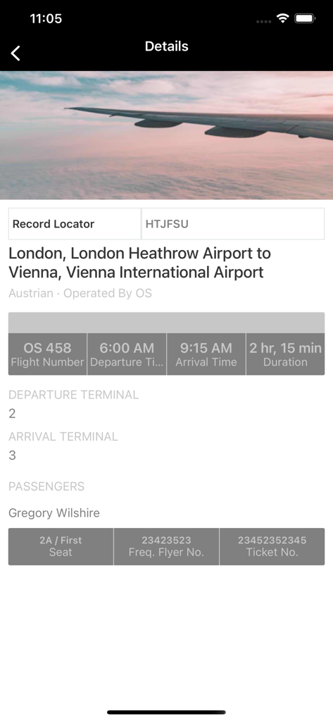 AXUS - AXUS Travel App screen showing flight itinerary details from London to Vienna with passenger information