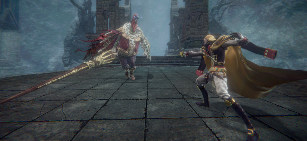 Pascal's Wager - 『Pascal's Wager』のダークファンタジー世界で、プレイヤーキャラクターが槍を持った巨大なフード付きボスと戦っている