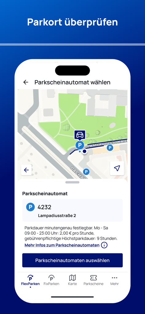 Map view in the HandyParken Muenchen app showing a parking zone selection on Lampadiusstrasse