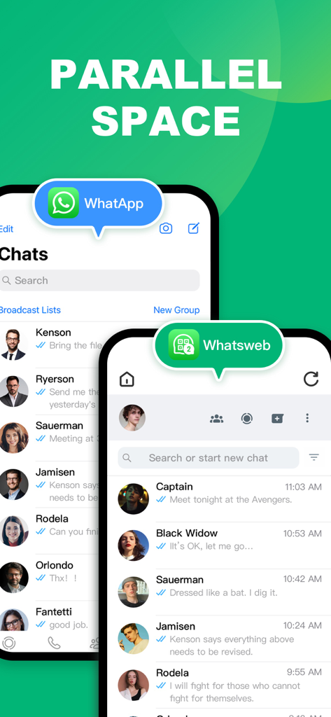 Interface de double chat montrant deux comptes WhatsApp fonctionnant simultanément sur un seul appareil mobile