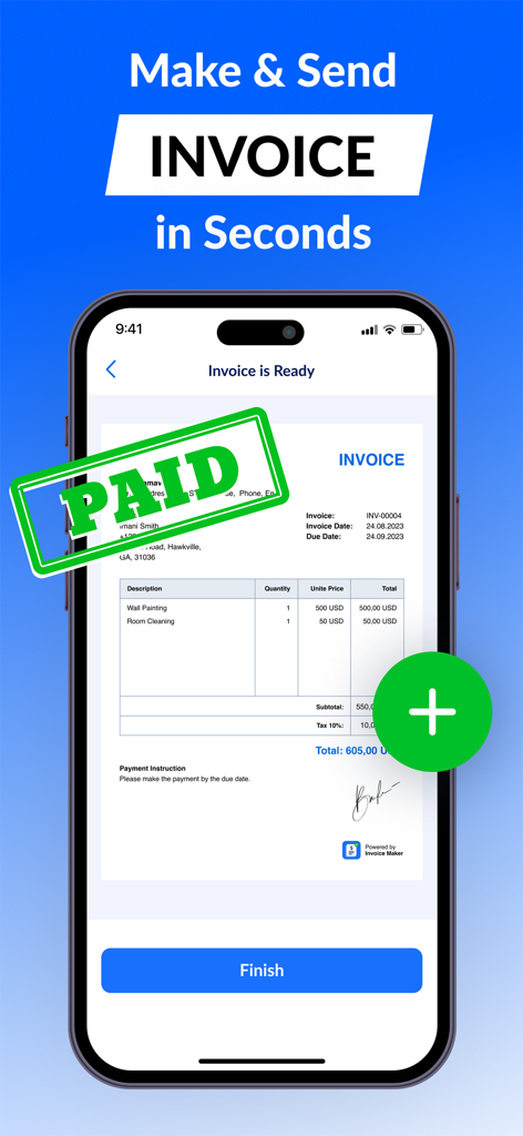 Invoice Maker - Generator App - Tela de smartphone exibindo uma fatura profissional com um carimbo verde de Pago e assinatura
