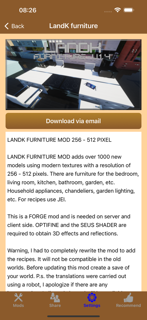 A screen showing the details and preview of the LandK Furniture mod for Minecraft with a download button.