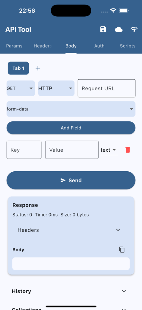 API Tool Pro mobile app interface for configuring HTTP requests and viewing network responses