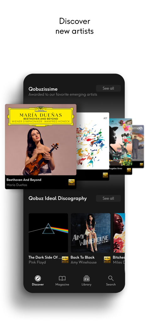 Qobuz: Music & Editorial - La aplicación de música Qobuz muestra la sección de descubrimiento de nuevos artistas con álbumes de alta resolución.
