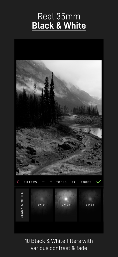 PICFX Picture Editor & Borders - PICFX photo editor interface showing real 35mm black and white filters applied to a mountain landscape