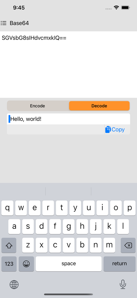 Programmer Calculator - Dev - Pantalla del decodificador Base64 en la aplicación Calculadora de Programador que muestra la conversión de texto