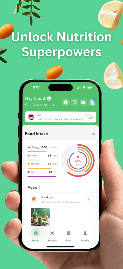 Foodzilla! Nutrition Assistant - Smartphone screen showing the Foodzilla app dashboard with daily macro tracking and calorie goals