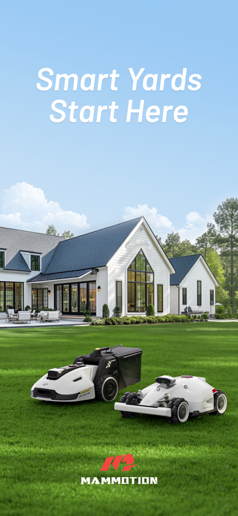 Mammotion - Two Mammotion robotic lawn mowers on a lush green lawn in front of a modern suburban house with the text Smart Yards Start Here.