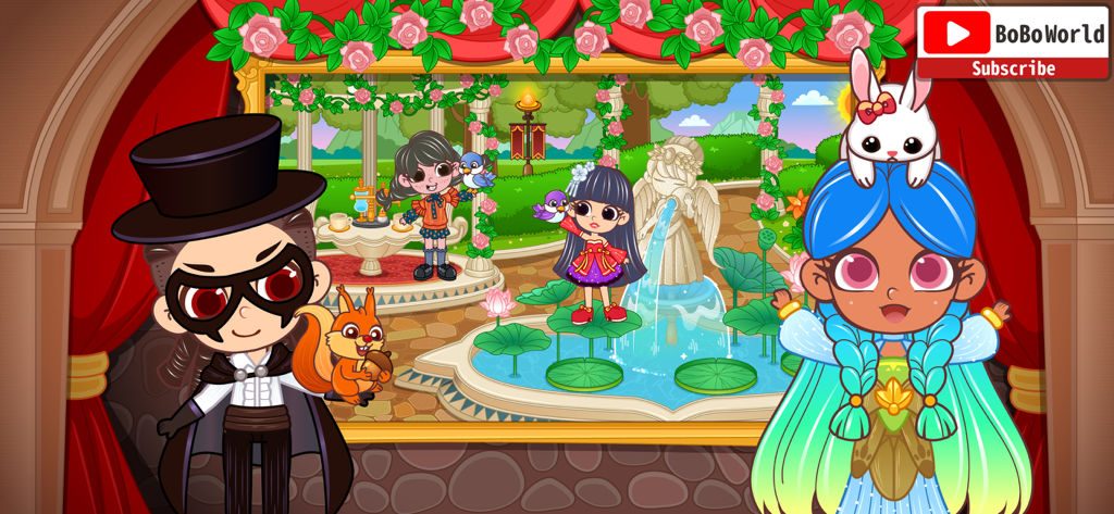 BoBo World Castle - Cute cartoon characters in a magical castle garden with a fountain and animals in BoBo World Castle