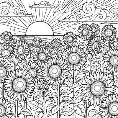 Immerse yourself in the serene beauty of a sunflower field at sunset with this intricate coloring page. Experience the warmth and joy of nature as you bring these vibrant blooms to life with your colors.