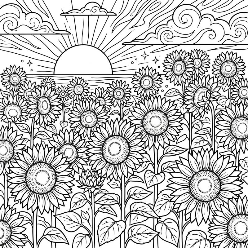 Immerse yourself in the serene beauty of a sunflower field at sunset with this intricate coloring page. Experience the warmth and joy of nature as you bring these vibrant blooms to life with your colors.