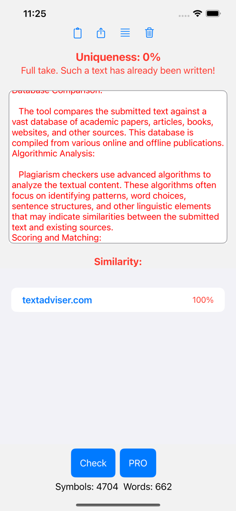 Plagiarism checker, detector - Eine mobile App-Oberfläche von TextAdviser, die einen Originalitätswert von Null Prozent und ein Ähnlichkeitsergebnis von hundert Prozent für einen gescannten Text anzeigt.