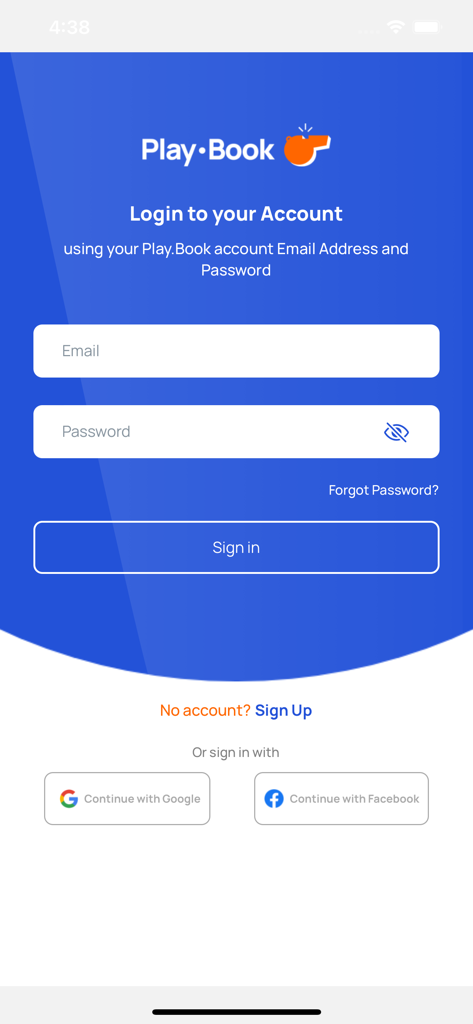 Play.Book - Login screen for Play.Book app featuring email and password fields with Google and Facebook sign-in options.