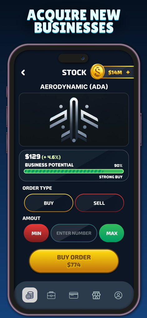 Money Clicker: Business Tycoon - Interfaz del juego móvil que muestra un simulador de negociación del mercado de valores para una empresa aeroespacial