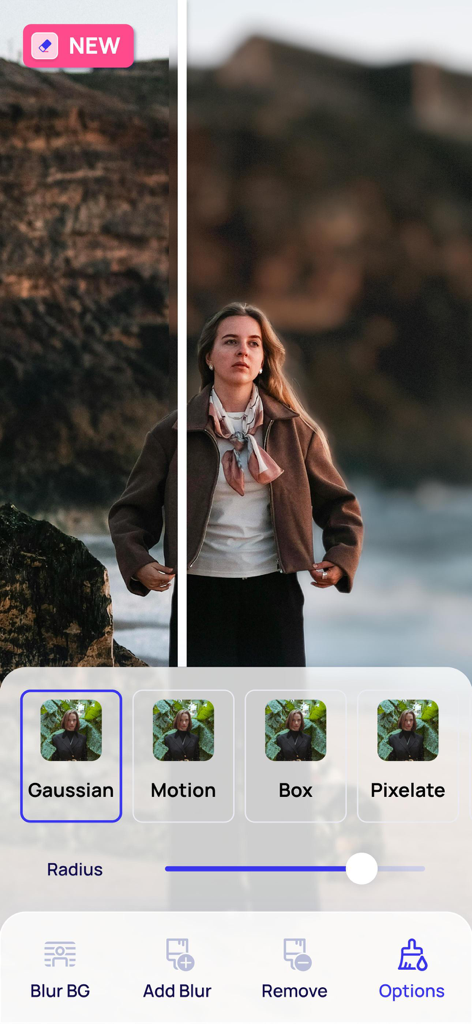Photo Eraser - Remove Objects - Ein Seitenvergleich, der die Funktion zum Verwischen des Hintergrunds in einer Bildbearbeitungs-App zeigt.