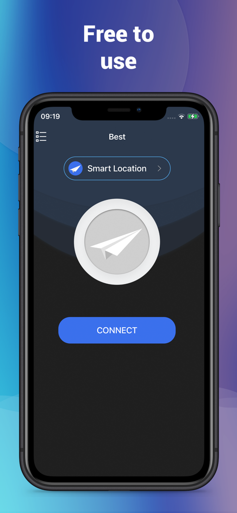 VPN - Super Proxy for iPhone - Tela do iPhone do aplicativo VPN Super Proxy com o cabeçalho Gratuito para usar e o botão Conectar.