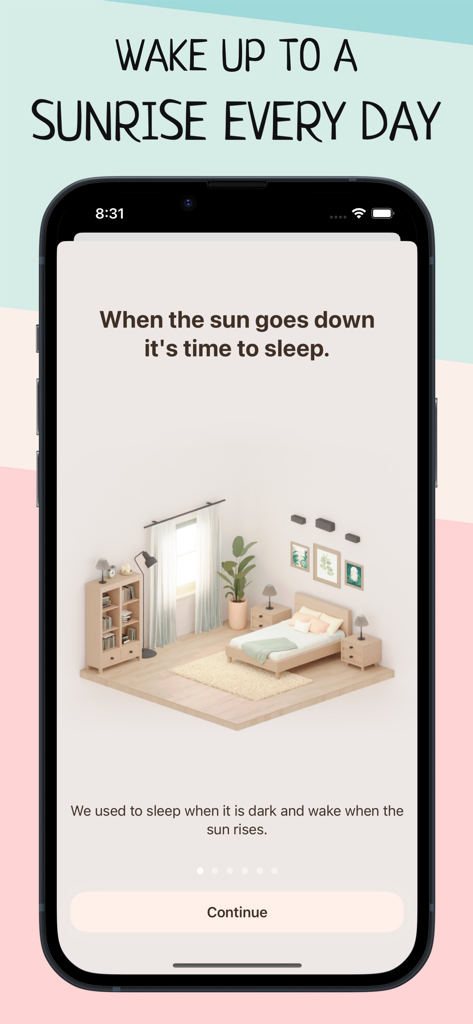 Wake Up Light – Sunrise Alarm - Écran d'accueil de l'application Réveil Lumineux présentant une illustration minimaliste de chambre et le concept de réveil par lever de soleil