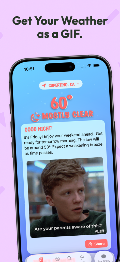 Brzzy Weather - iPhone mostrando la aplicación Brzzy Weather con un GIF de película y la previsión meteorológica local