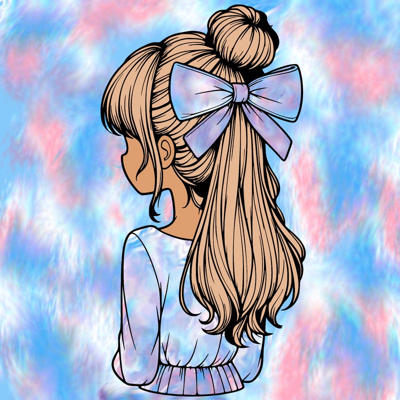 realistic girl  with hip length hair a bun and a big bow on the back of head