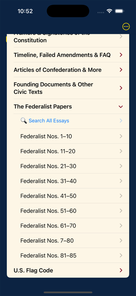 U.S. Civics Library app menu featuring The Federalist Papers and other foundational texts