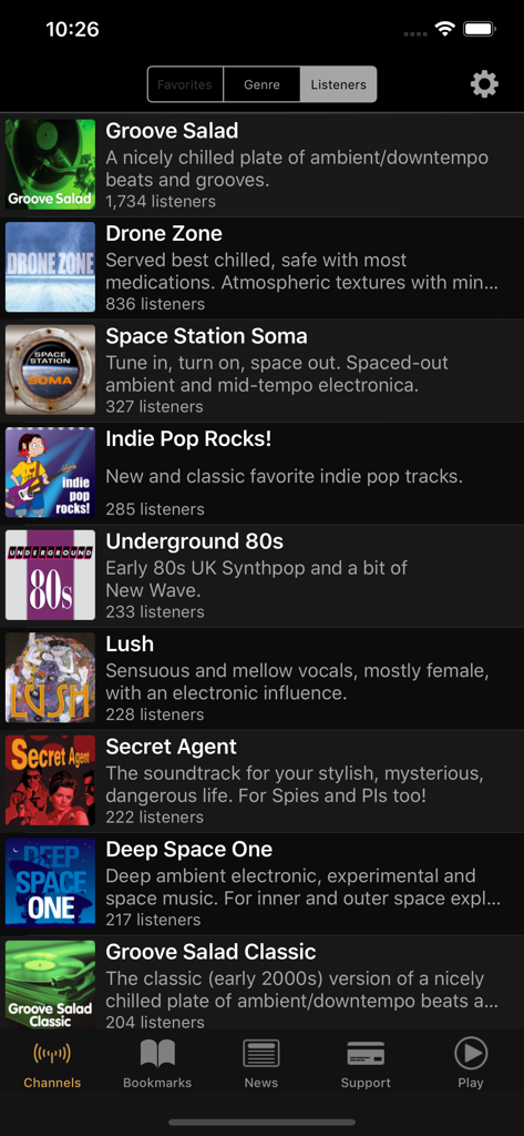 SomaFM app interface displaying a list of curated radio channels like Groove Salad and Drone Zone sorted by listeners