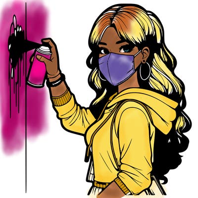 realistic girl with mask spray painting a wall