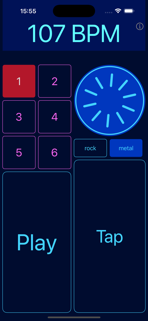 User interface of the Drum Beats Metronome app showing tempo settings and drum loop selection buttons
