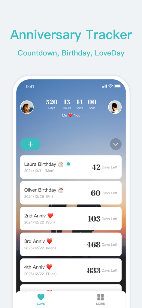 Interface of the Love Widget app showing a relationship anniversary tracker with countdowns for birthdays and upcoming anniversaries.
