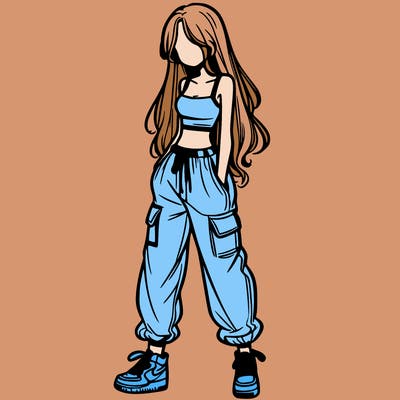girl in baggy pants crop top and long hair
