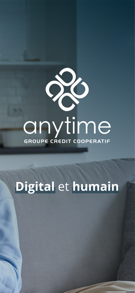Anytime - Compte pro et asso - Écran de démarrage de l'application compte pro Anytime présentant le logo et le slogan Digital et humain