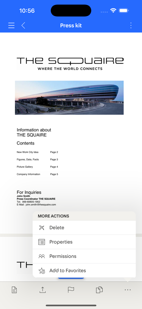 Fabasoft - Fabasoft mobile App zeigt Optionen zur Dokumentenverwaltung wie Berechtigungen und Eigenschaften für eine Pressemappe-Datei