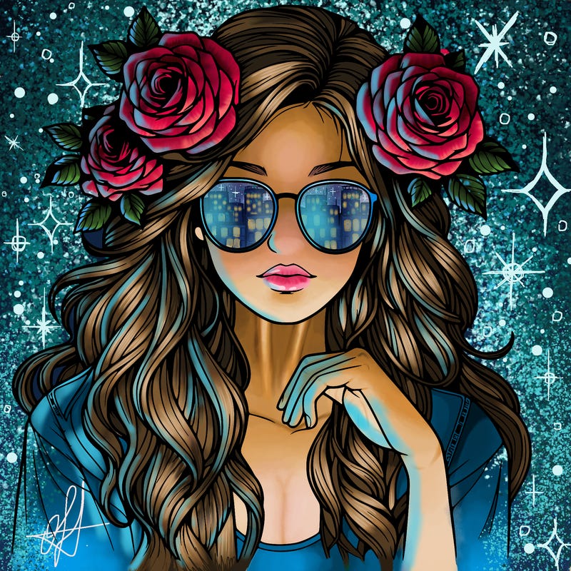 realistic girl with roses in hair and sunglasses