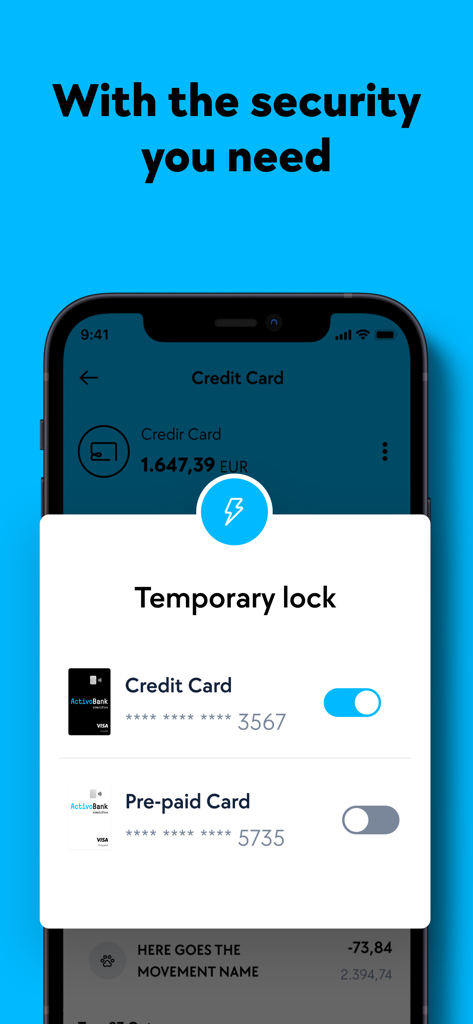 ActivoBank app interface showing temporary lock feature for credit and pre-paid cards
