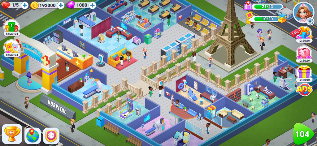 Vista superior de un hospital de dibujos animados concurrido con varias salas médicas y una Torre Eiffel en miniatura.