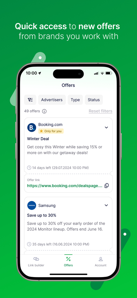Uno smartphone che visualizza la scheda Offerte dell'app Awin con le promozioni disponibili da brand come Booking.com e Samsung.