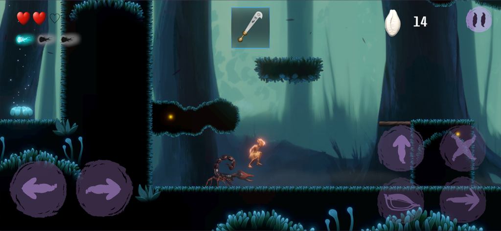 Anokye - Anokye mobile game screenshot showing the hero in a dark forest fighting a scorpion