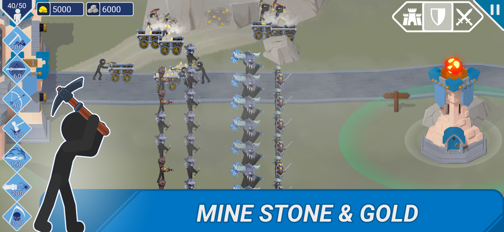 Stickman miners gathering gold and stone resources in War of Sticks strategy game.